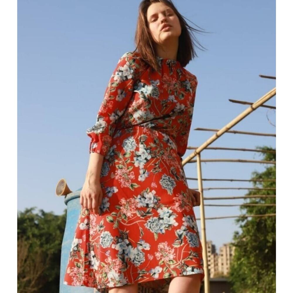 H&M Reddish/Orange Floral Dress 3/4 Sleeve MIDI Women's Size 14